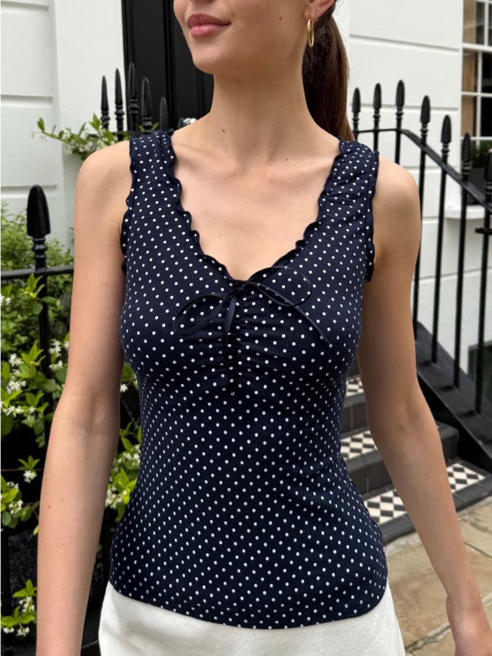 Brandy Melville Malena Navy Polka Dot Ruffle Tie-Front Tank Top